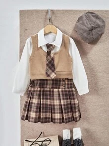 SHEIN Casuvi Kids 2pcs Young Girls Knitted Vest Shirt Combo With Vintage Plaid Pleated Skirt, Fashionable Outfit For Daily, School, Commute Girls School Uniform Outfit Plaid Skirt Outfit Toddler Back To School Outfit Toddler First Day Of School Outfit Girl Cute Toddler School Outfits Fall Winter - Multicolor - View 2