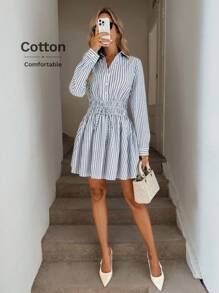 Easowa 领扣半开腰褶裥抽绳蝴蝶结A字长袖衬衫裙，休闲宽松通勤复古风女装