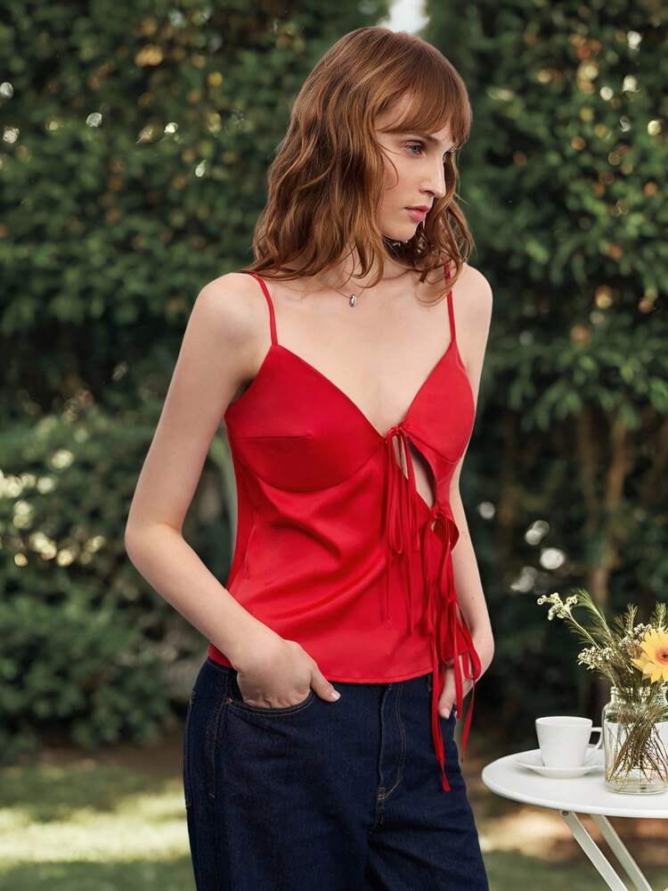 SHEIN Maija Women's Solid Color Front Tie Casual Fashion Red Camisole Top