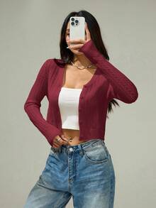 SHEIN PETITE Cárdigan de manga larga de unicolor y simple para mujer, suéter lindo, suéter corto, suéter de punto, ropa de otoño e invierno, vestidos amarillos para mujer, blusas de manga larga