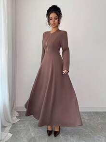 Elenzga Women's Elegant Coffee Brown Round Neck Front Zipper High-End Design Waist Fitted Flared Long Sleeve Midi Dress, Suitable For Commuting In Autumn Fall Cloth For Women - Brown - View 3