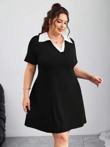 SHEIN CURVE+ Plus Size Women Colorblock Lapel Short Sleeve Casual Dress,Graduation Dress Plus Size Black And White Dress Women Plus Dress Plus Size Collared Dress Collared Dress Plus Casual Dress