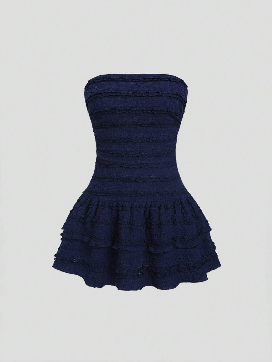 Sweetra Textured Knit Mini Bandeau Dress - Navy Blue - View 1
