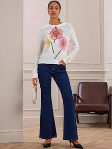 Lilora 2025 Frühherbst Städtisch Lässig Resort Elegant Retro Weiß 3D Blumen Stickerei Langarm Locker Leicht Damen Pullover Sweater, geeignet für Valentinstag, Retro, Date Night, formelle Anlässe, bequem, lässig, Outdoor - Weiss - Übersicht 4