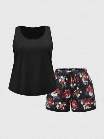 Goth Ensemble pyjama casual avec Top sans manches et short imprimé tête de mort, rose, papillon, grande taille