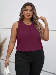 SHEIN Clasi Kemeja Kasual Tanpa Lengan Ukuran Besar Warna Polos, Musim Panas - Red Violet - View 3