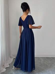 Elenzga Ruffled Sleeve Waist Cinched V-Neck A-Line Minimalist Elegant Romantic Sophisticated Women Dress - Navy Blue - View 2