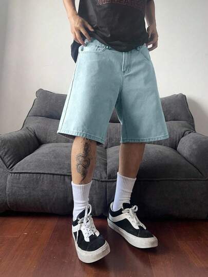 Claim Dot Plus Size Men's Casual Button Fly Wide Leg Denim Shorts Teal Jean Shorts Men Couples Washed Blue For OVERSIZE Vacation