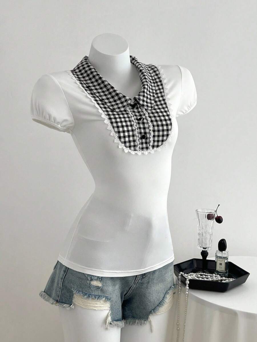 Elamini Retro Chic Checkered Patchwork Polo Collar Short Sleeve Bodycon T-Shirt, Summer - White - View 1