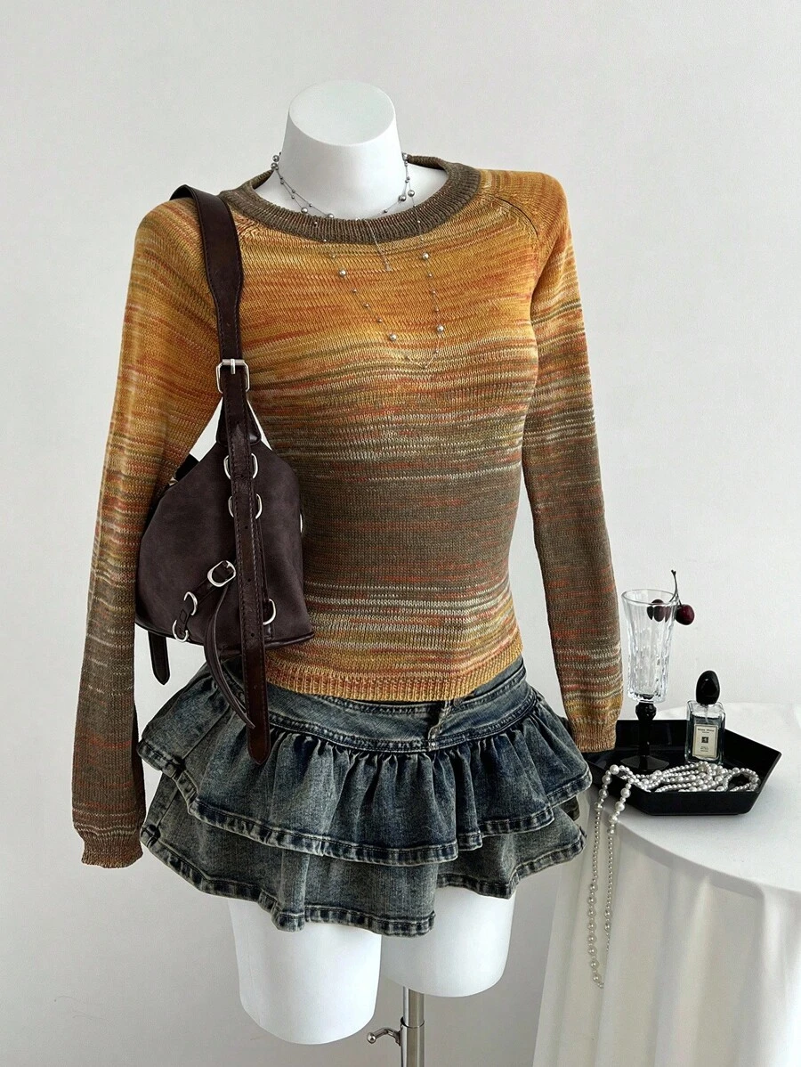 Elamini 女士休闲圆领长袖毛衣，秋冬针织套头衫 - 棕色 - 查看 1