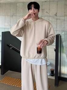 DAZY 男士纯色卡其色连帽衫套装，秋季 - 卡其色 - 查看 3