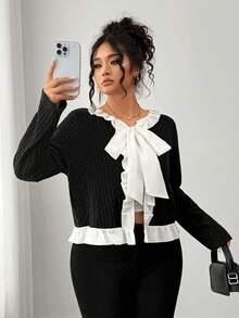 Elenzga Plus Size Elegant Commuter Color Block Ruffle Tie Jacket Fall Winter Cloth For Women Autumn - Black - View 3
