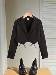 SHEIN 青少年女孩休闲缺口领蝴蝶结装饰短夹克外套