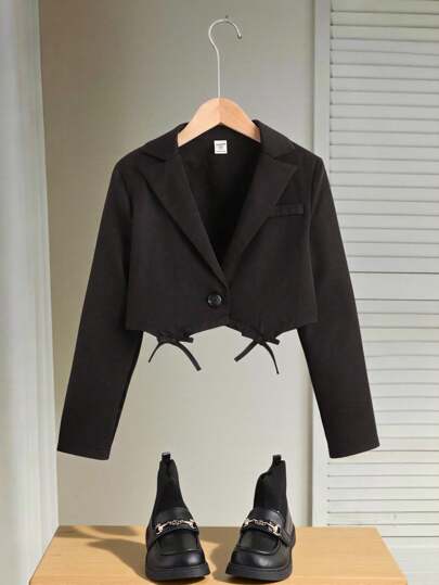 SHEIN Tween Girl Casual Notched Collar Bowknot Decor Short Jacket Blazer,In Fall/Winter