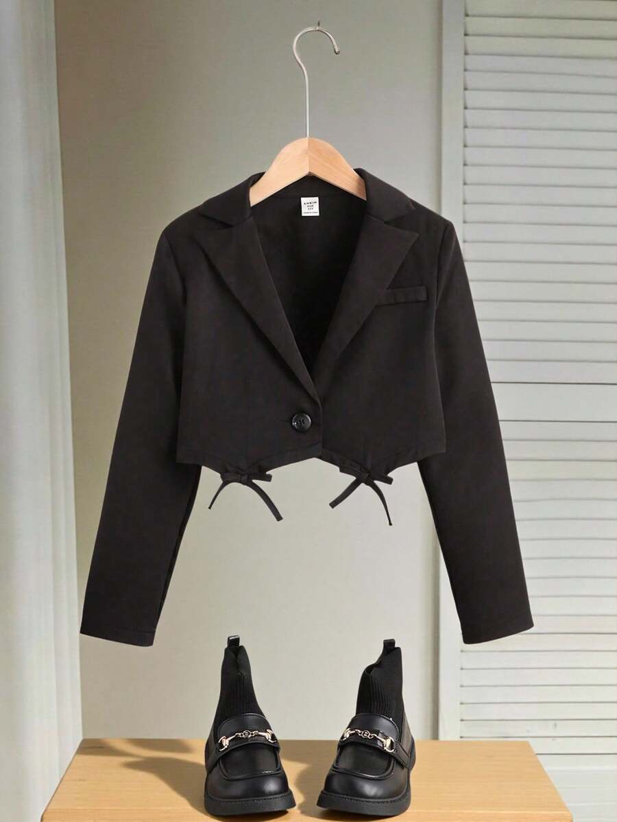 SHEIN 青少年女孩休闲缺口领蝴蝶结装饰短夹克外套