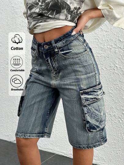 EURMUSE KVINNOR HÖG MIJA WIDELEG KORT VINTAGE WASH CARGO-FICKOR