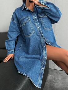 EURMUSE 100%纯棉衬衫牛仔连衣裙，大码 - 中等水洗藍 - 查看 4