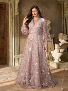 Aureia 加大码优雅奢华深 V 领长袖透明美人鱼下摆连衣裙，带珍珠和水钻装饰，适合婚礼、派对、庆典、单身派对、正式晚会 - 藕粉色 - 查看 7