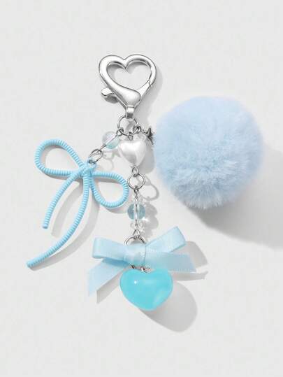 Kawaii 1 pieza, Minimalista, Elegante detalle de bola azul esponjosa de moda, Lazo acrílico, Perla falsa, Llavero/Accesorio para bolso con forma de corazón DIY, Adecuado para mujeres, Uso diario, Regalo para fiestas