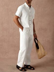 Manfinity Homme 男士纯白色常规款褶皱效果细条纹纹理面料短袖单排扣休闲衬衫套装，男士纯色短袖单排扣休闲衬衫套装，夏季，日常通勤、旅行、度假和外出的百搭单品，送给朋友的丈夫和男朋友的礼物，休闲简约风格，都市成熟风格男士白色裤子套装两件套男士亚麻套装 - 白色 - 查看 6