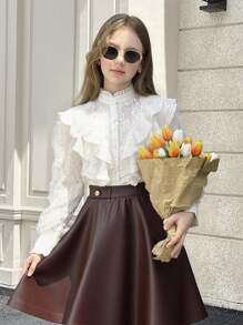 SHEIN بلوزة أنيقة وناعمة بأكمام واسعة مزخرفة بالجاكار ذات طوق عالي مع كشكشة، لون المشمش، مناسبة للارتداء اليومي والعودة للمدرسة - لون مشمشي - مشاهدة 12