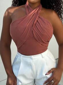 Alexandranx 女士纯色短款交叉吊带上衣 - 鏽棕色 - 查看 3