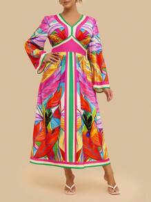 SHEIN VCAY Plus Size Women Tropical Colorful Geometric Abstract Print V-Neck Long Sleeve Maxi Dress, Casual Holiday Party Vacation Travel - Multicolor - View 4