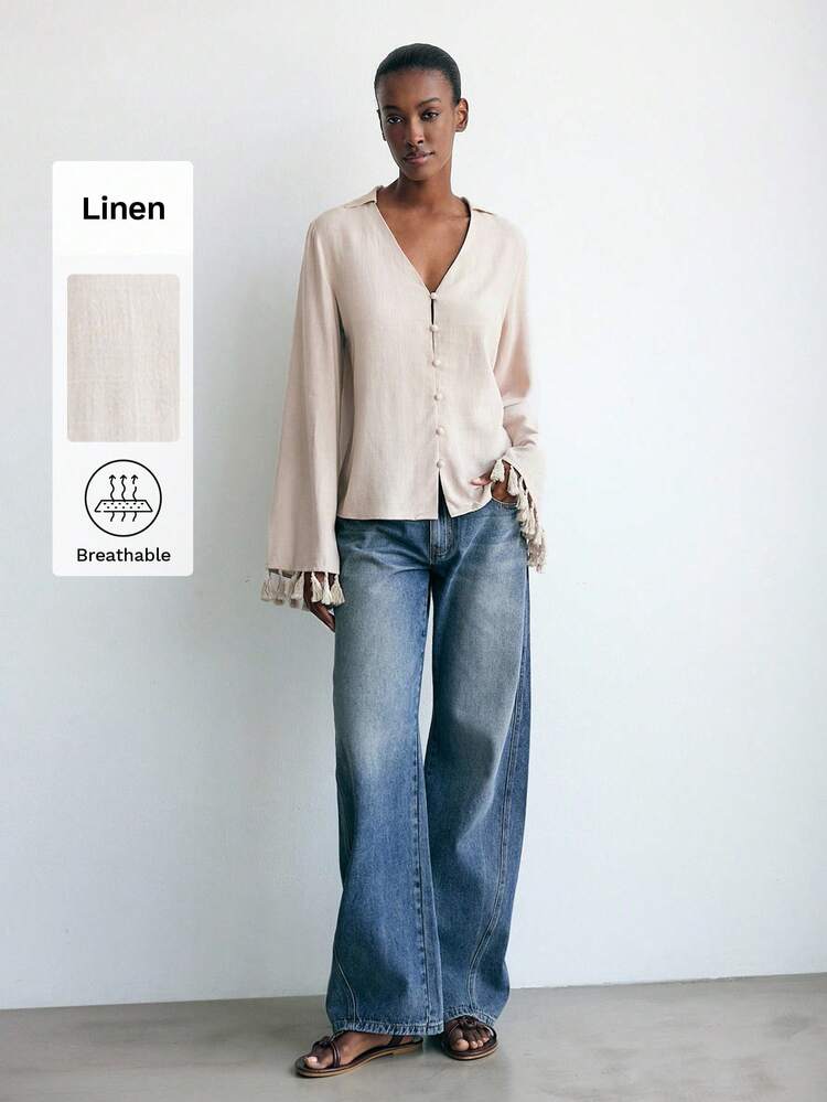 SHEIN Maija Women's Solid Color Long Sleeve Blouse, Minimalist Fashion Suitable For Summer, St. Patrick's Day, Spring Break, Easter