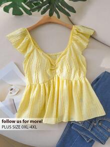 CosyJoli Plus Size Casual Minimalist Keyhole Neck Cap Sleeve Yellow Women T-Shirt Top