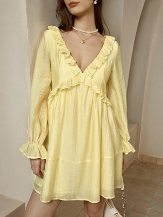 Cévolie Women's Solid Color V-Neck Fashionable Long Sleeve Ruffle Hem Dress Fall Cloth For Women