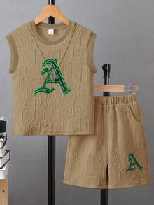 SHEIN 2pcs Tween Boy Summer Casual Letter Print Tank Top And Shorts Set - Khaki - View 3