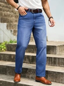 Manfinity Homme Jeans de pierna recta de mezclilla azul lavada de estilo casual para primavera/verano - Azul lavado medio - Ver 1