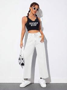 EMERY ROSE Women's Straight Loose Casual Jeans With Pockets - White - View 3