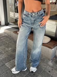 EURMUSE 100%Cotton WOMEN SOLID COLOR WIDE LEG LOW WAIST JEANS - Medium Wash - View 8