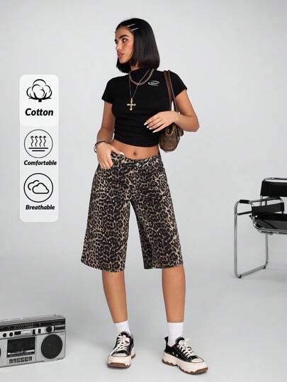 Damen Y2K Leopard Muster Lässig Loose Fit 5-Zoll Denim Shorts