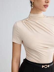 BizChic Women's Stand Collar Pleated Short Sleeve T-Shirt, Basic Top, Suitable For Outings, Office, Business Casual, Autumn - Apricot - View 8