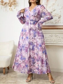 SHEIN Clasi Curvy Plus Size 女式紫色优雅花卉印花高弹力网眼印花长袖荷叶边袖腰长裙，2025 年新款，加大码优雅浪漫花卉印花 V 领宽松喇叭袖连衣裙 - 紫色 - 查看 4