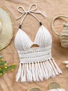 Soleia Women's Vacation Beaded Halter Tasseled Hem Knit Top, Suitable For Holiday Dates, Afternoon Tea, Beach, Cruise, City Vacation, Wedding Season, Music Festival, Boho Vacation,Fall