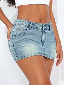 SHEIN ICON Sexy Fitted Mini Denim Skirt, Summer