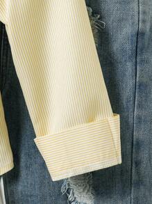 SHEIN Genkimix Kids 1 件女童翻领长袖纽扣条纹衬衫，正面绣有图案，秋季休闲上衣 - 黃色 - 查看 4