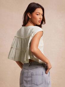 WESTFADE 纹理条纹编织圆领盖袖层叠荷叶边上衣 返校可爱秋季乡村夏季女装