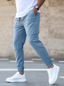 Manfinity Homme Pantalones con bolsillos en ángulo y cordón en la cintura para hombre, otoño - Neblina azul - Ver 3