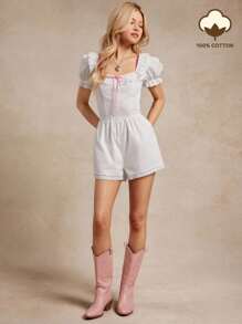 WESTFADE 100% 纯棉花卉孔眼撞色蝴蝶结前短款泡泡袖休闲连体衣夏季西部乡村牛仔女郎纳什维尔音乐会早午餐装波西米亚海滩度假 - 白色 - 查看 1