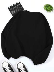 INAWLY Áo nỉ cổ tròn thêu chữ đơn giản, dáng rộng dành cho nữ - màu đen - Xem 2