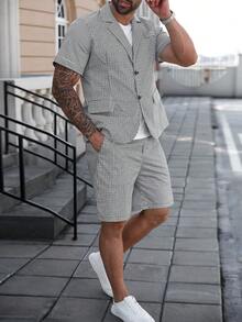 Manfinity Homme Bộ vest nam tay ngắn kẻ caro và quần short cỡ lớn - Đen và trắng - Xem 1