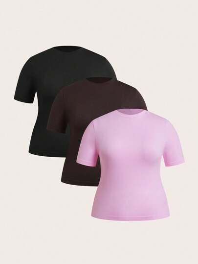 Easithlete Plus Size Seamless Women's Slim-Fit 3 PiecesSports Short Sleeve Set Gym Shirts