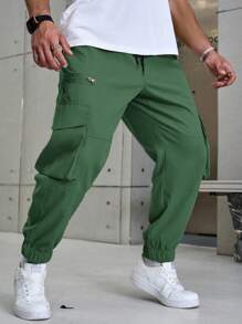 Manfinity Homme Plus Size Men's Drawstring Waist Cargo Pocket Casual Jogger Pants, For Fall - Green - View 5