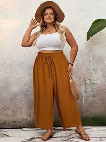 SHEIN CURVE+ 大码女式高腰宽松喇叭腿纯色荷叶边夏季裤，曲线加大，波西米亚度假风 - 棕色 - 查看 6