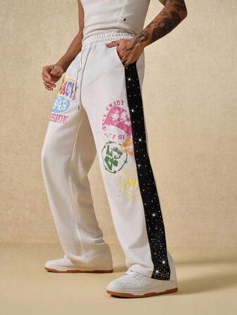 Street Life Pantaloni della tuta da uomo con stampa di lettere in strass e patchwork a contrasto di colore