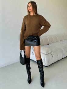 Aloruh Women's Casual Versatile Solid Color V-Neck Loose Knit Sweater In Fall/Winter,Brown Sweater - Brown - View 3